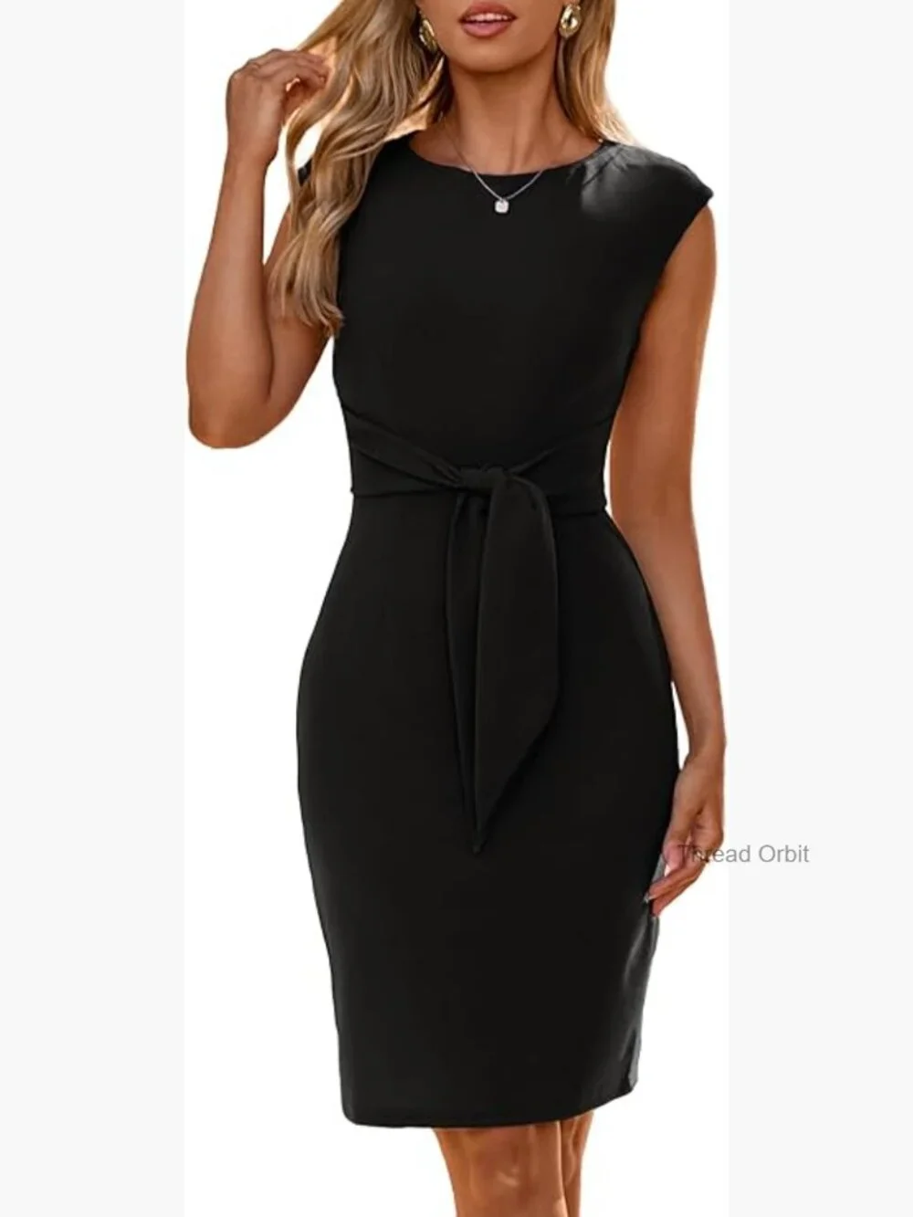 Work Business Bodycon Midi Dress Crew Neck Cap Sleeve Semi Formal Office